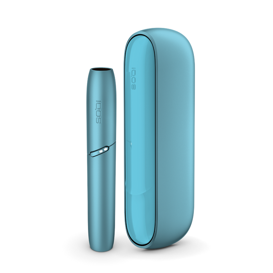 IQOS Originals Duo heated tobacco device (holder and pocket charger) in turquoise color.	 	 	 	 	 	 	 	 	