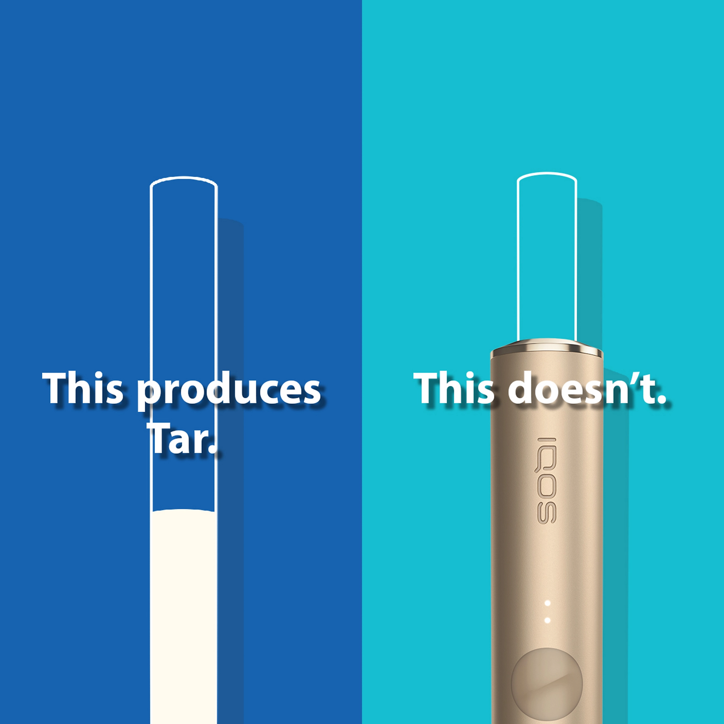 Cigarette filter with brown combustion stains compared to IQOS HEETS stick in IQOS 3 DUO holder with no equivalent stain